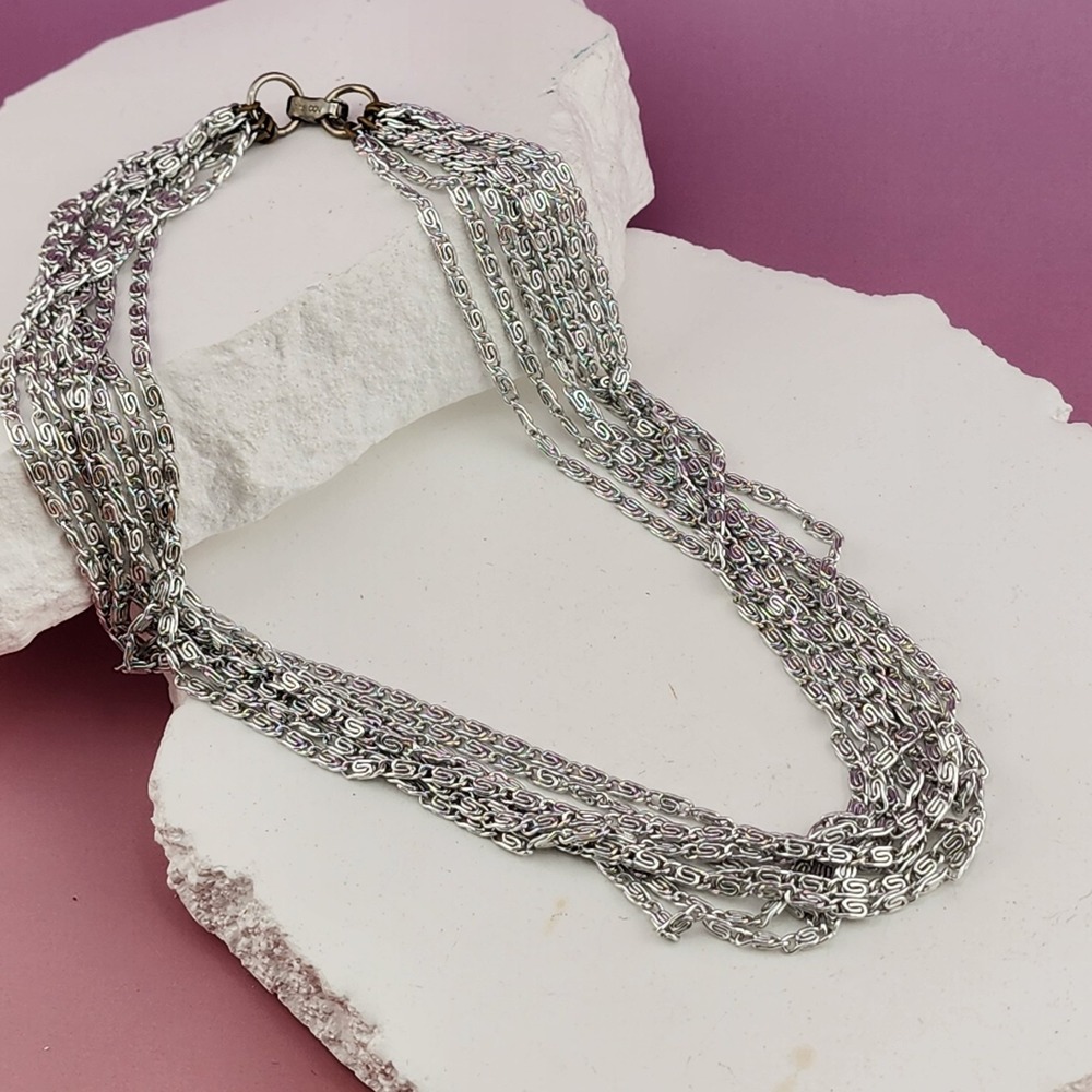 Vintage Sarah Coventry Multi Strand Silver Tone Scroll Chain Statement Necklace